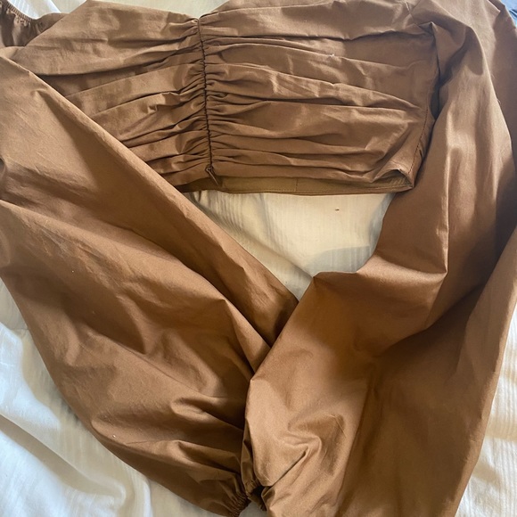 Zara Pecan Ruched Off Shoulder Crop Top Puff Long Sleeve Blouse - Picture 3 of 5